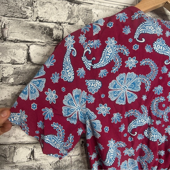 EUC LOFT Burgundy and Blue Floral Wrap Blouse Size Small - Picture 9 of 16